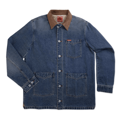 The Rustler denim chore coat by Sendero with corduroy collar, desert scene liner, and authentic western styling.
