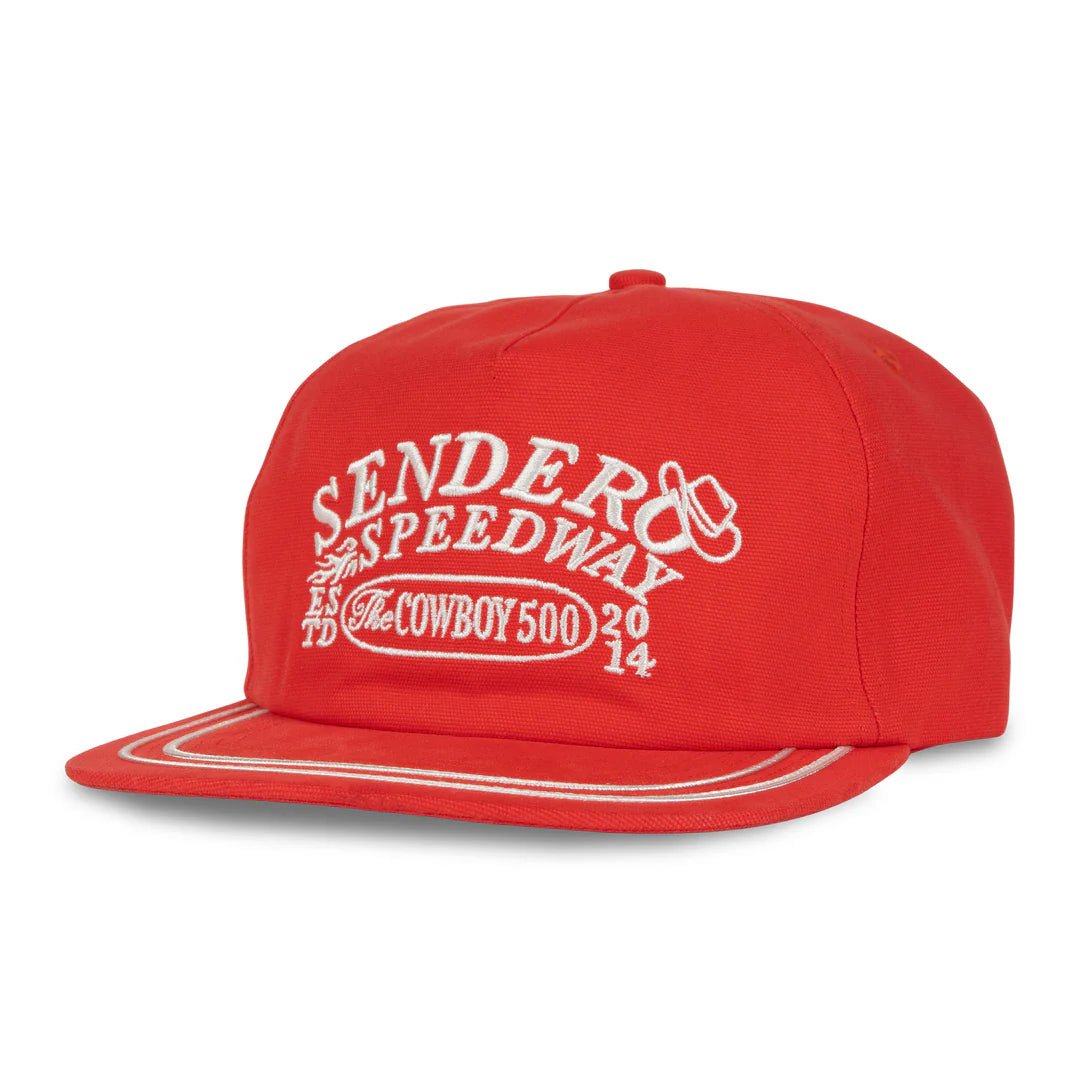 Sendero Speedway Snapback Hat — unstructured 5-panel canvas cap with embroidered logo and visor soutache.