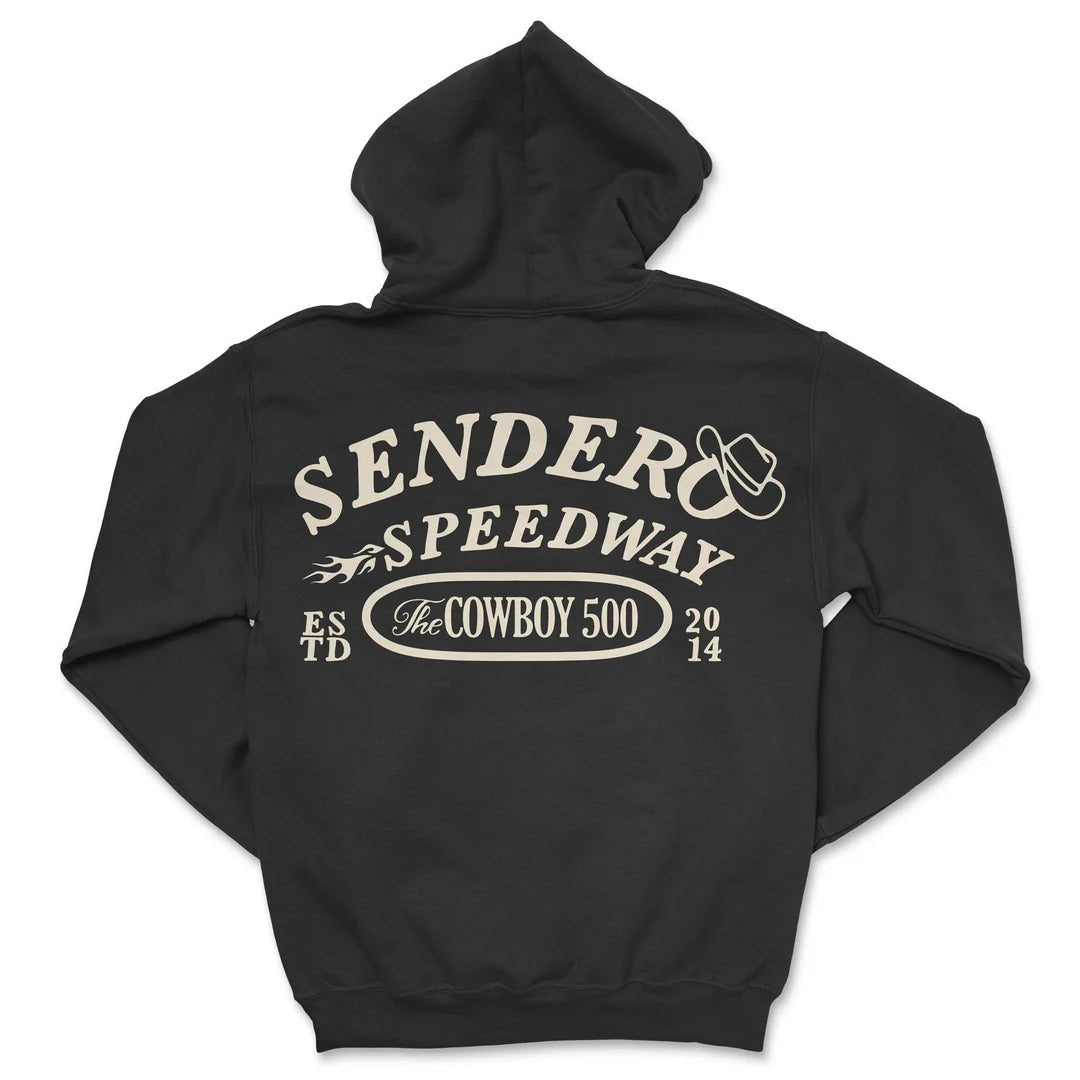 Sendero Speedway Hoodie back view with large Sendero Speedway logo on it. 