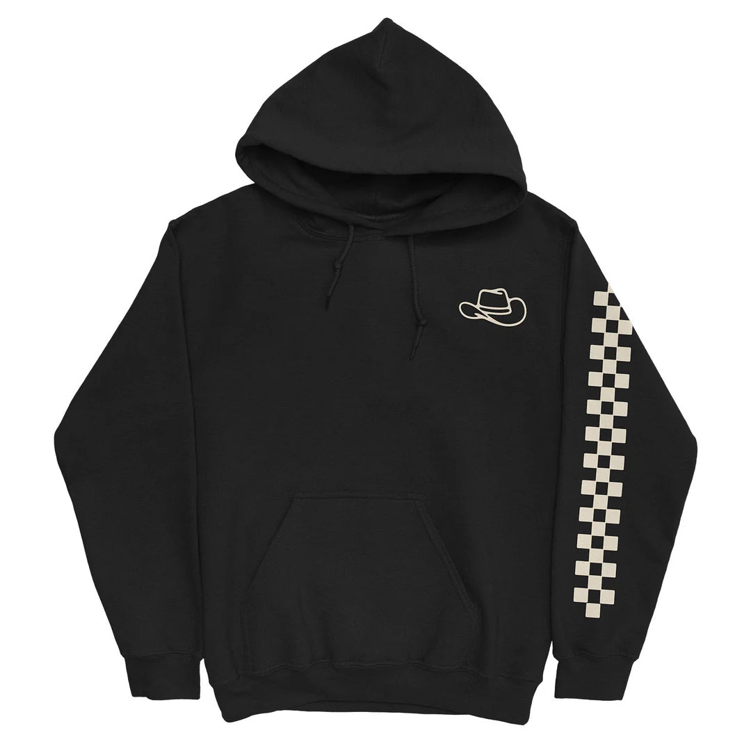Sendero Speedway Hoodie - checkered pattern down sleeve and cowboy hat logo on front chest.
