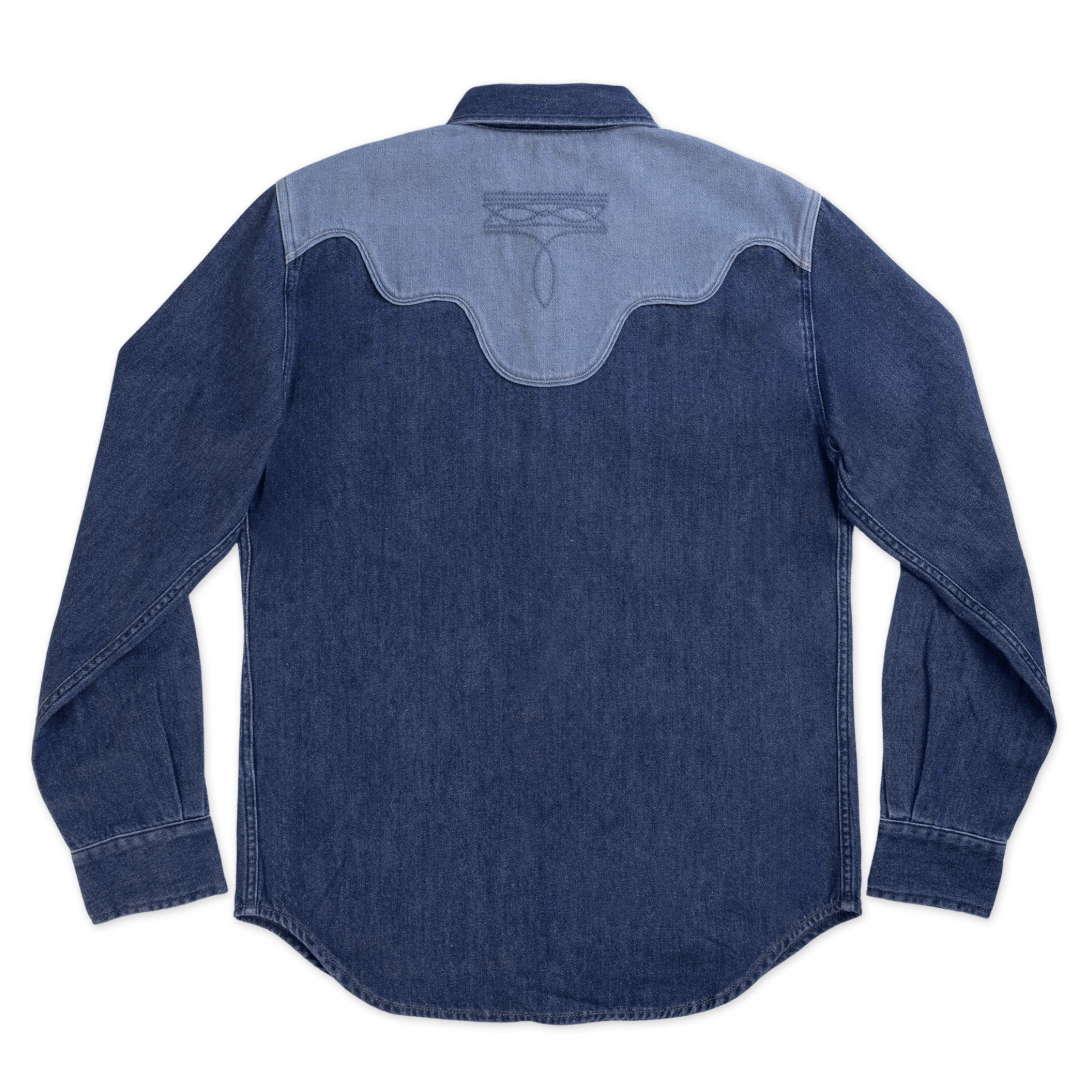 Back view of Sendero Pearl Snap Denim Shirt showing signature boot stitch at yoke and western-inspired design.