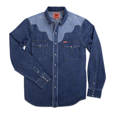 Sendero Pearl Snap Denim Shirt in light wash with western piping, pearl snaps, and classic western-style pockets.