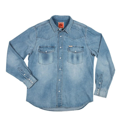 Sendero Wyatt Denim Shirt with vintage western pearl snaps and classic yoke detailing.