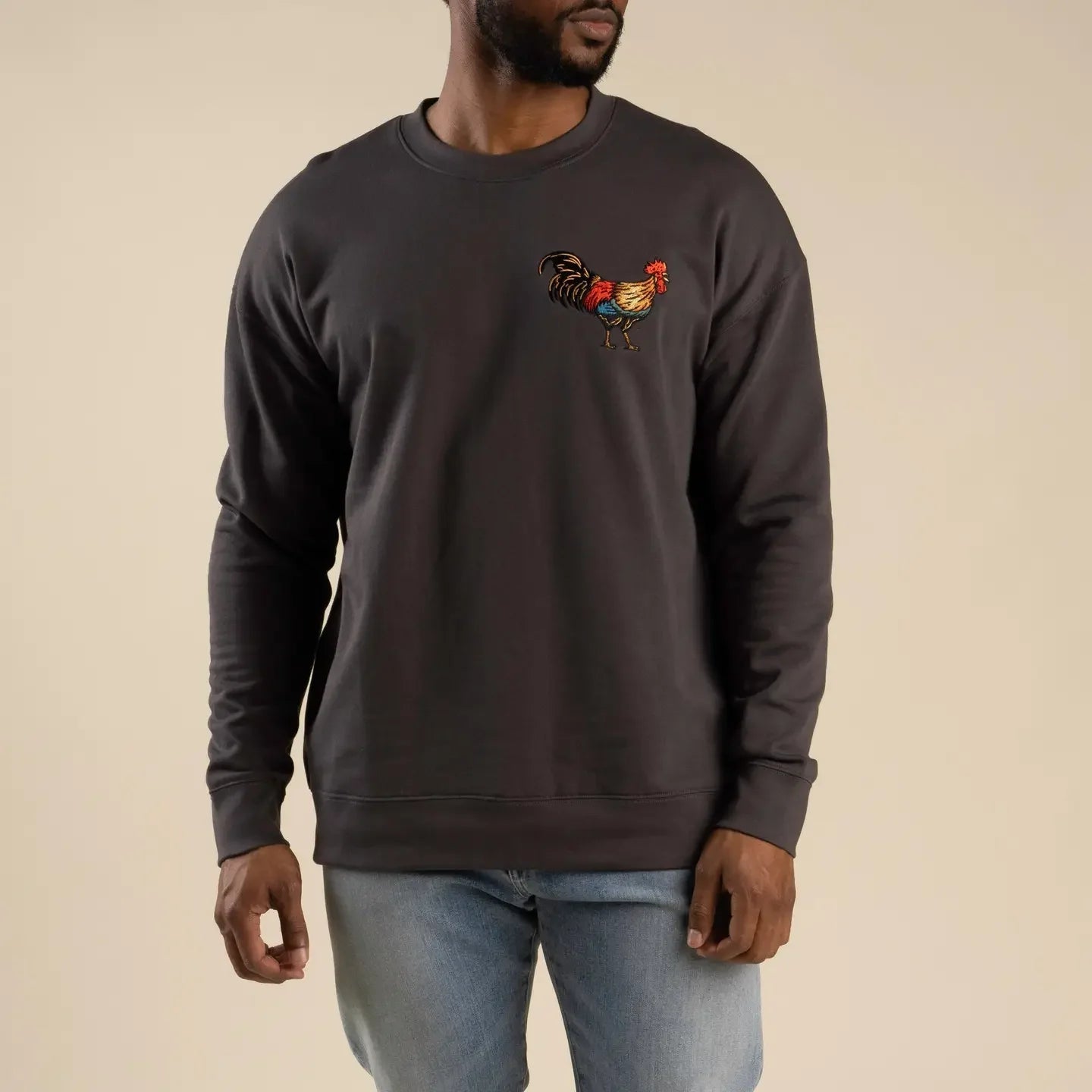 Sendero Yardbird black sweatshirt made from Airlume combed and ringspun cotton/poly blend with embroidered rooster on the chest.