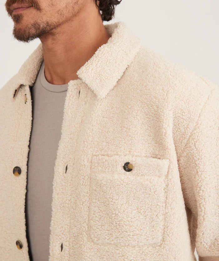 detailed photo of the chest pocket and buttons on the Marine Layer Sherpa Overshirt - Paranoid Ranch