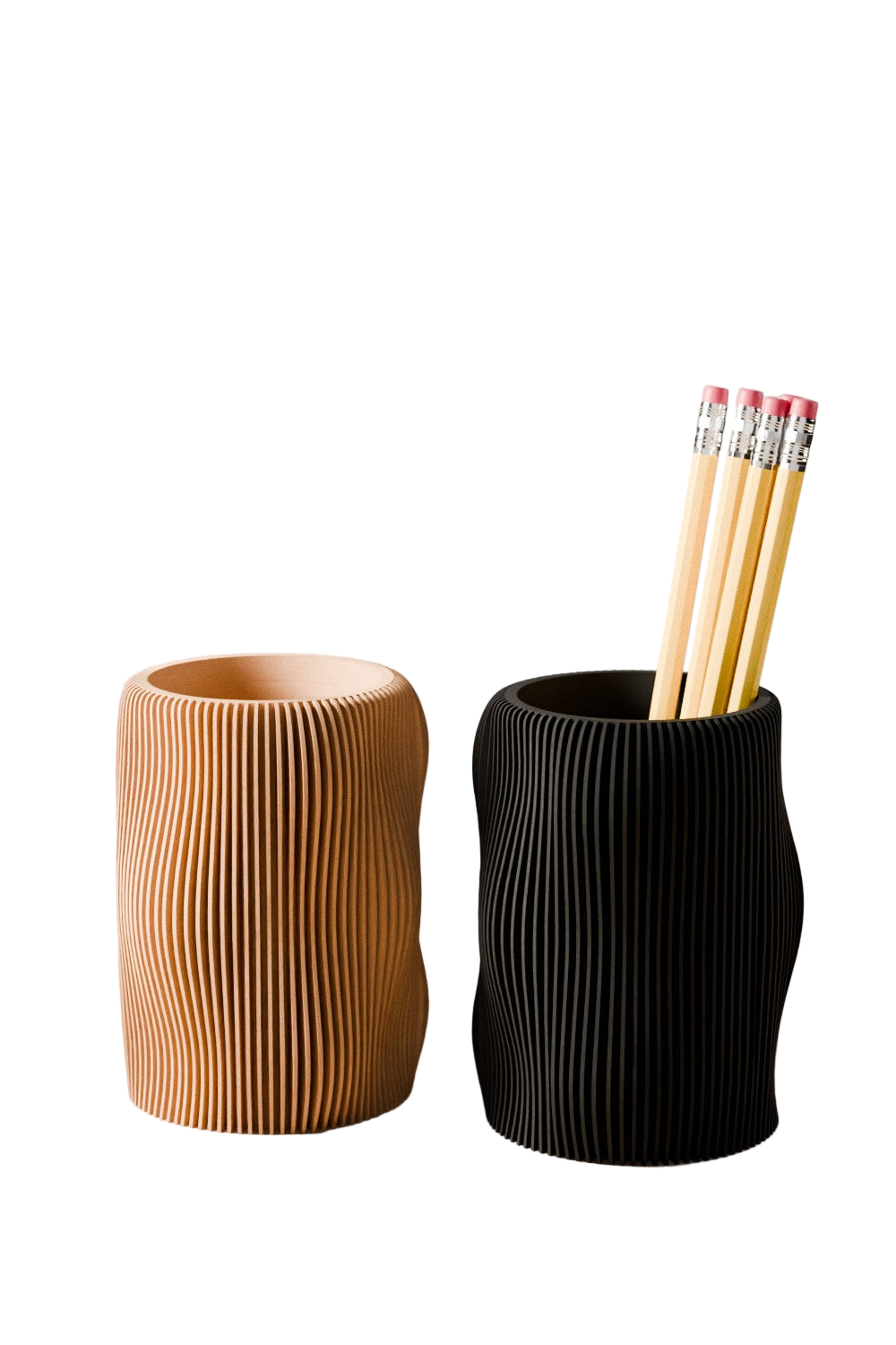 Two ribbed pencil holders, one brown and one black, with pencils inside on a light background.