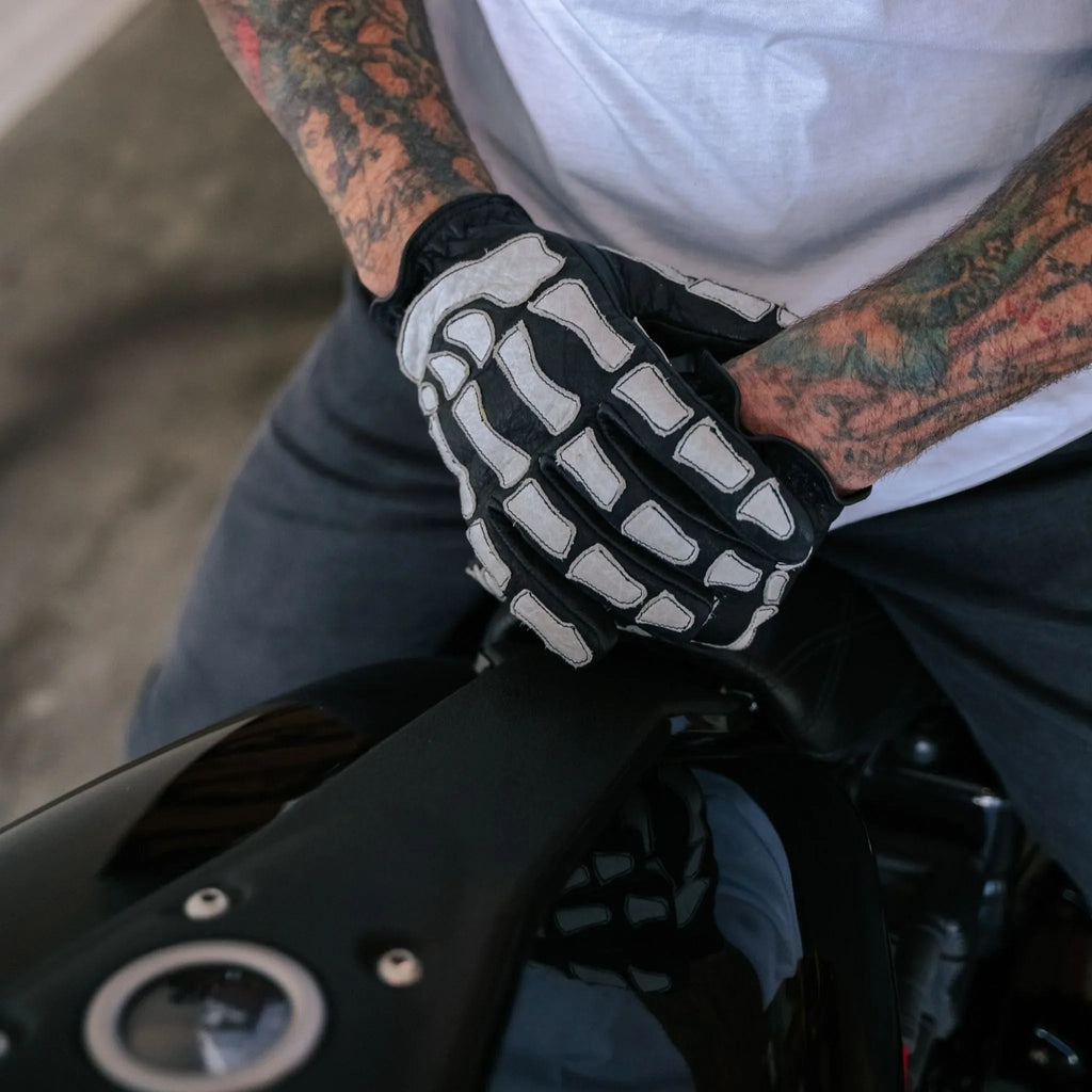 Skeleton Leather Motorcycle Glove - Black - White - Paranoid Ranch