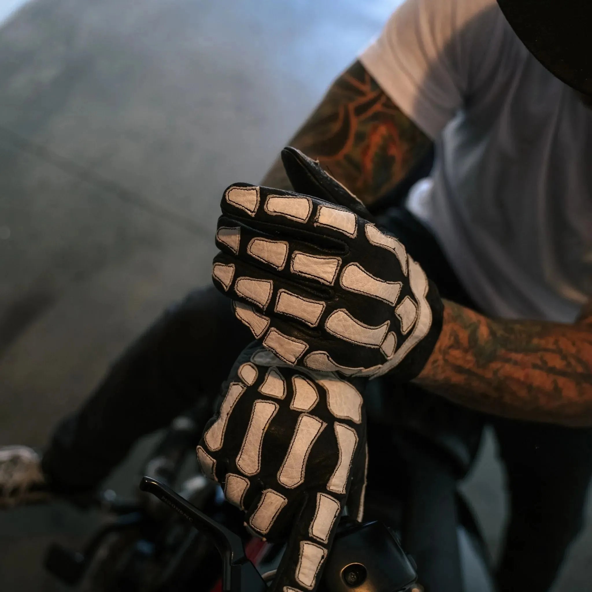 Skeleton Leather Motorcycle Glove - Black - White - Paranoid Ranch