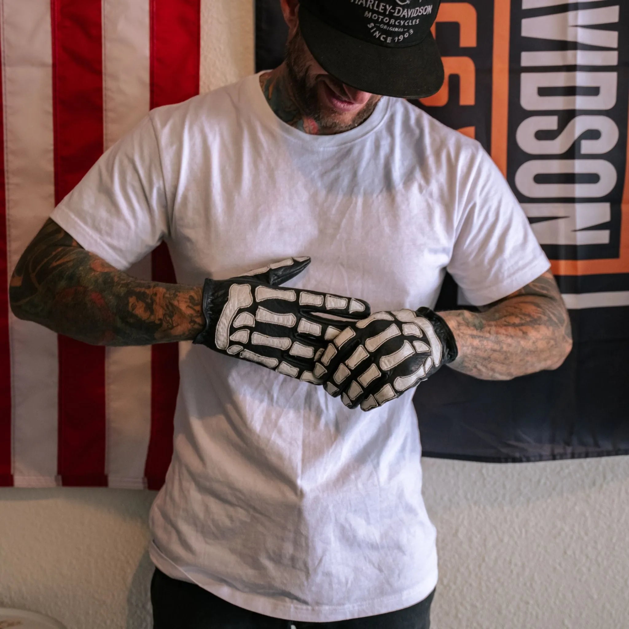 Skeleton Leather Motorcycle Glove - Black - White - Paranoid Ranch
