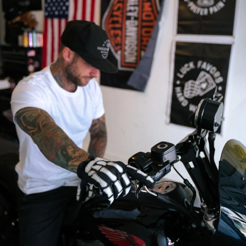 Skeleton Leather Motorcycle Glove - Black - White - Paranoid Ranch