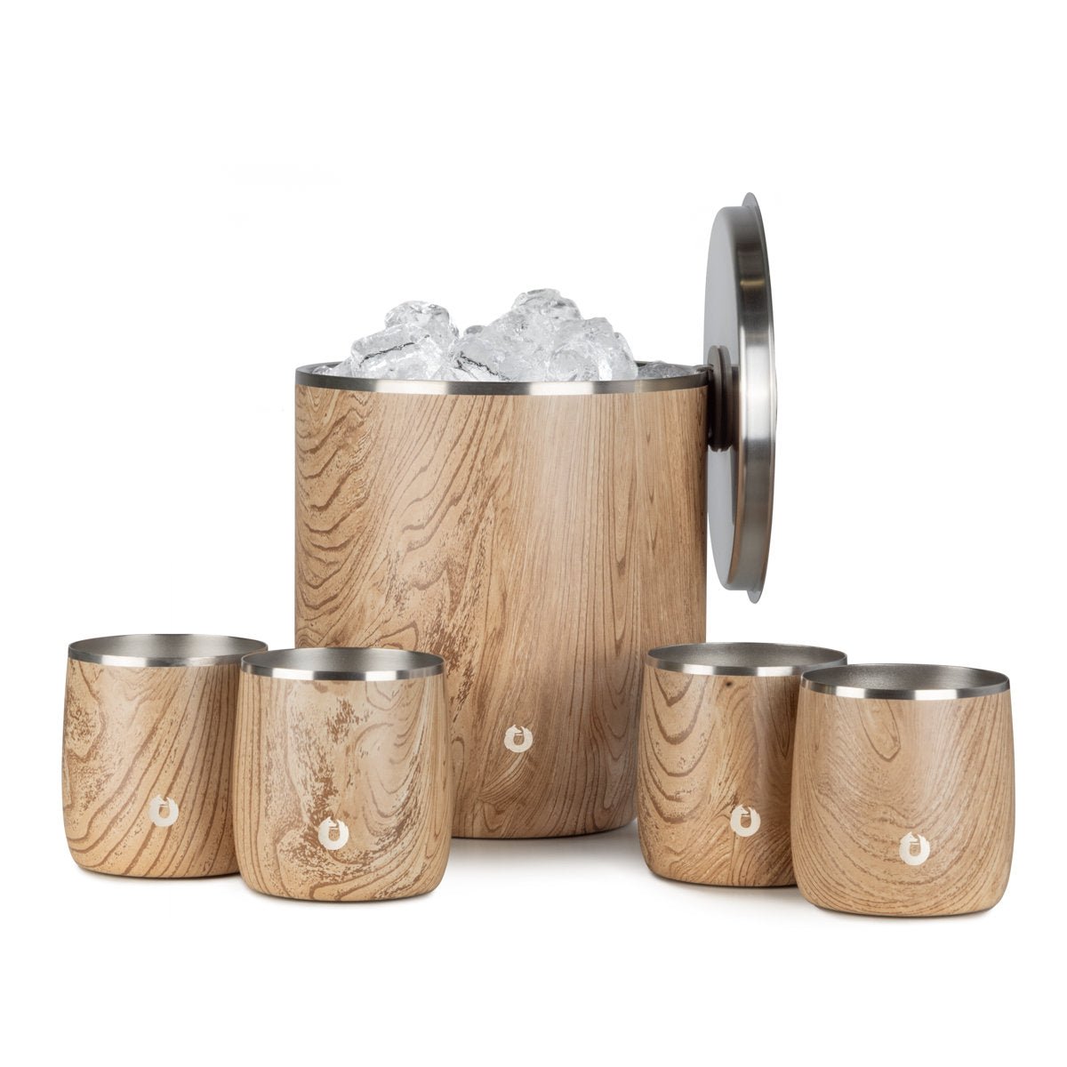 Stainless Steel Ice Bucket with Rocks Glass Set, Natural Teak - Paranoid Ranch