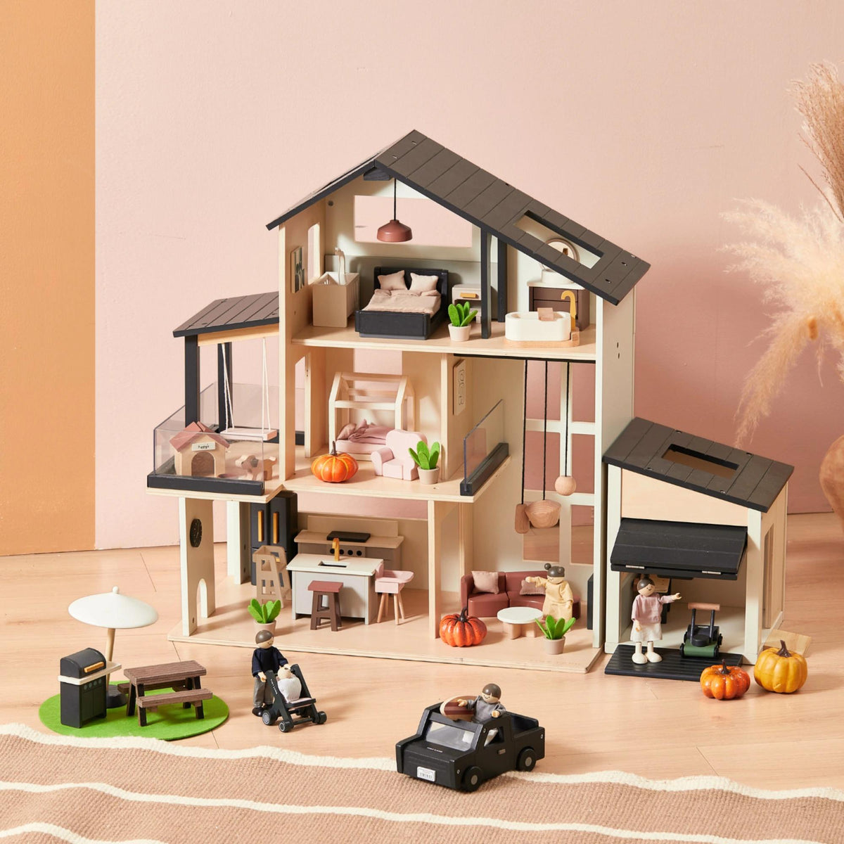 Sweet Family Gift Set: Black Dollhouse & Dollhouse Garage & Extra Dolls Set - Paranoid Ranch