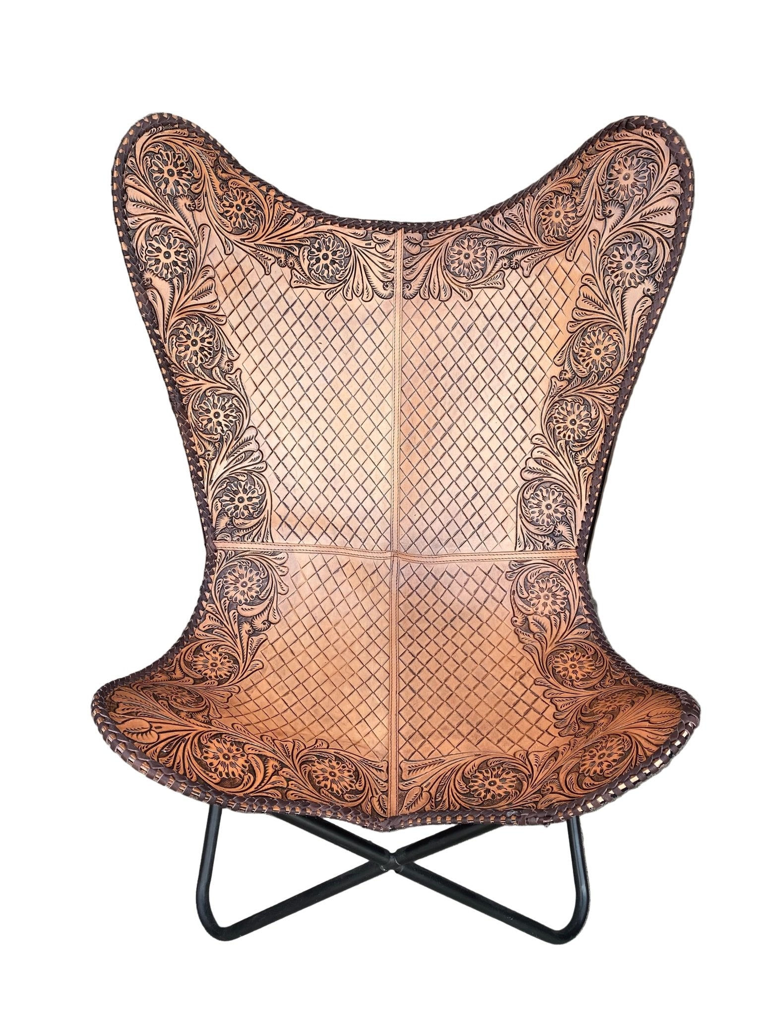 Tan Tooled Leather Butterfly Chair - Paranoid Ranch