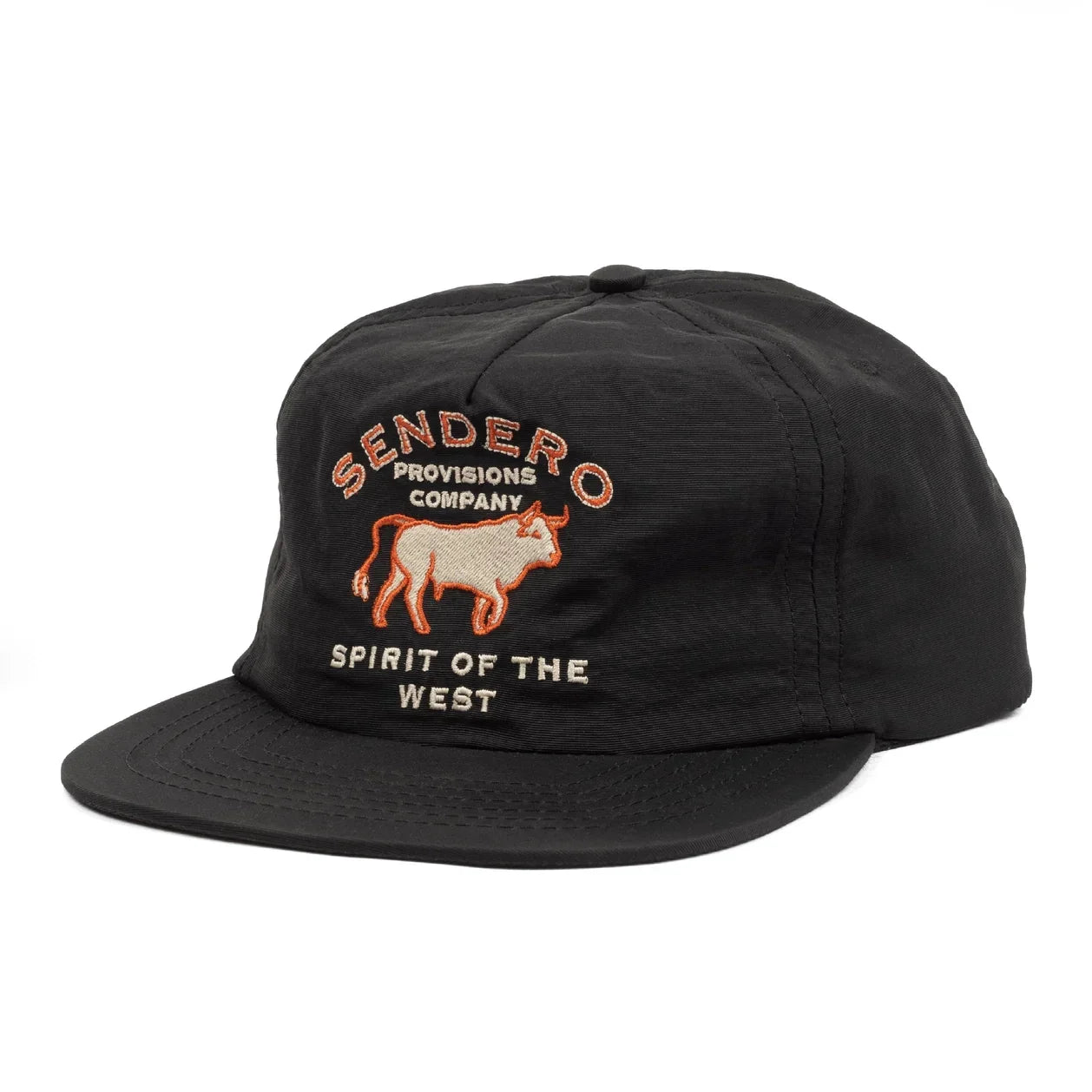 Sendero Ferdinand Hat, unstructured 5-panel snapback with quick-dry nylon, retro pop-up mesh, and embroidered logo.