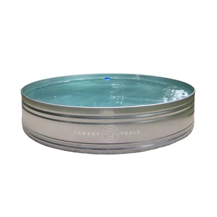 The Honcho pool by Cowboy Pools, a hybrid steel and poly-lined stock tank pool with ergonomic lounge shape and nationwide shipping.