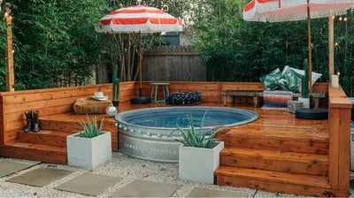 The Honcho backyard stock tank pool with wide brim, poly liner, and integrated filter pump for easy maintenance.