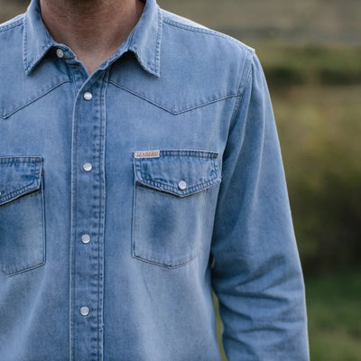 Stone-washed Wyatt Denim Shirt featuring 100% cotton fabric and Sendero western labels.