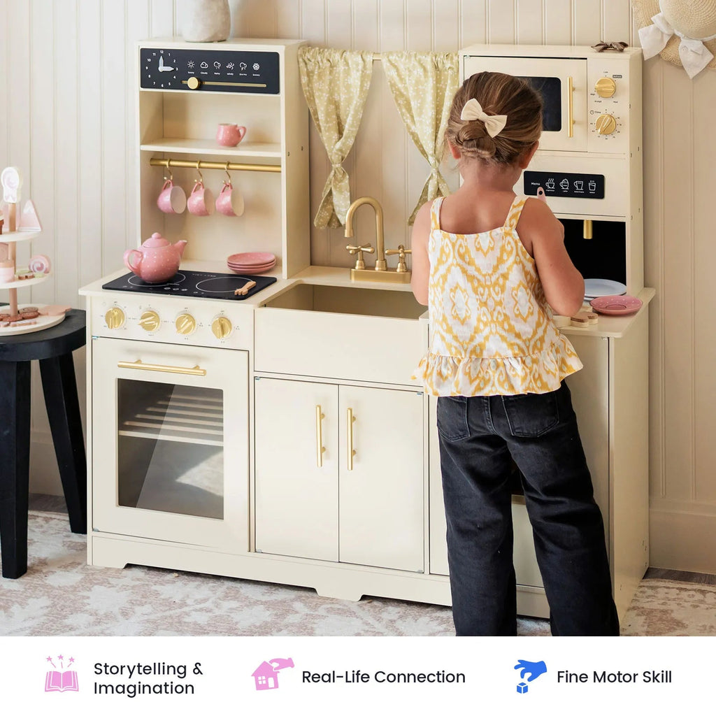 Tiny Land® Iconic Wooden Play Kitchen – Cream Pretend Cooking Set for Kids - Paranoid Ranch