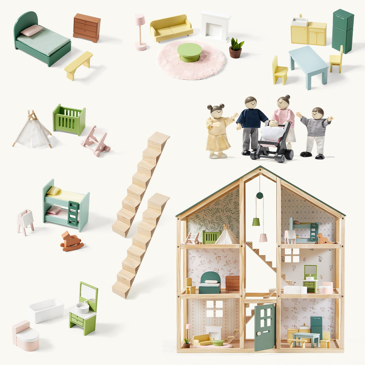 Tiny Land® Sweetwood Evergreen Dollhouse & Wooden Dollhouse Dolls - Paranoid Ranch