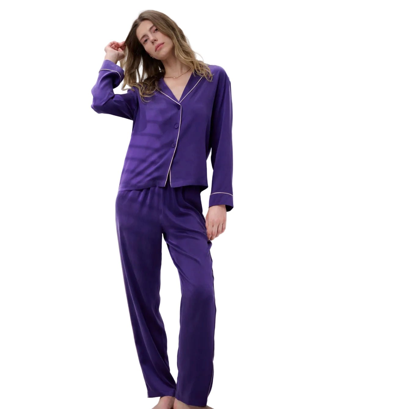 Washable Silk Piped Long Sleeve Pant Set - Paranoid Ranch