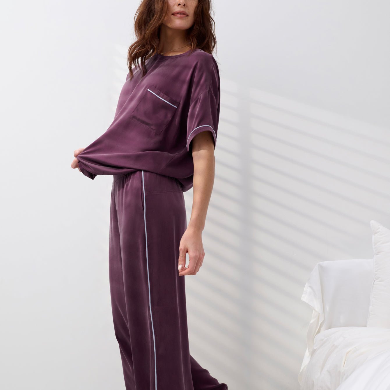 Washable Silk Piped Tee Pant Set - Paranoid Ranch