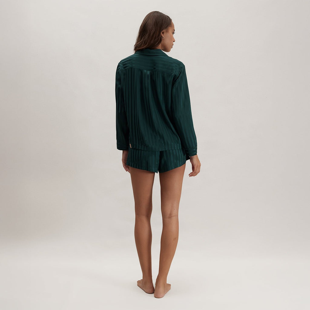 Washable Silk Striped Jacquard Button Up Long Sleeve Short Set - Paranoid Ranch