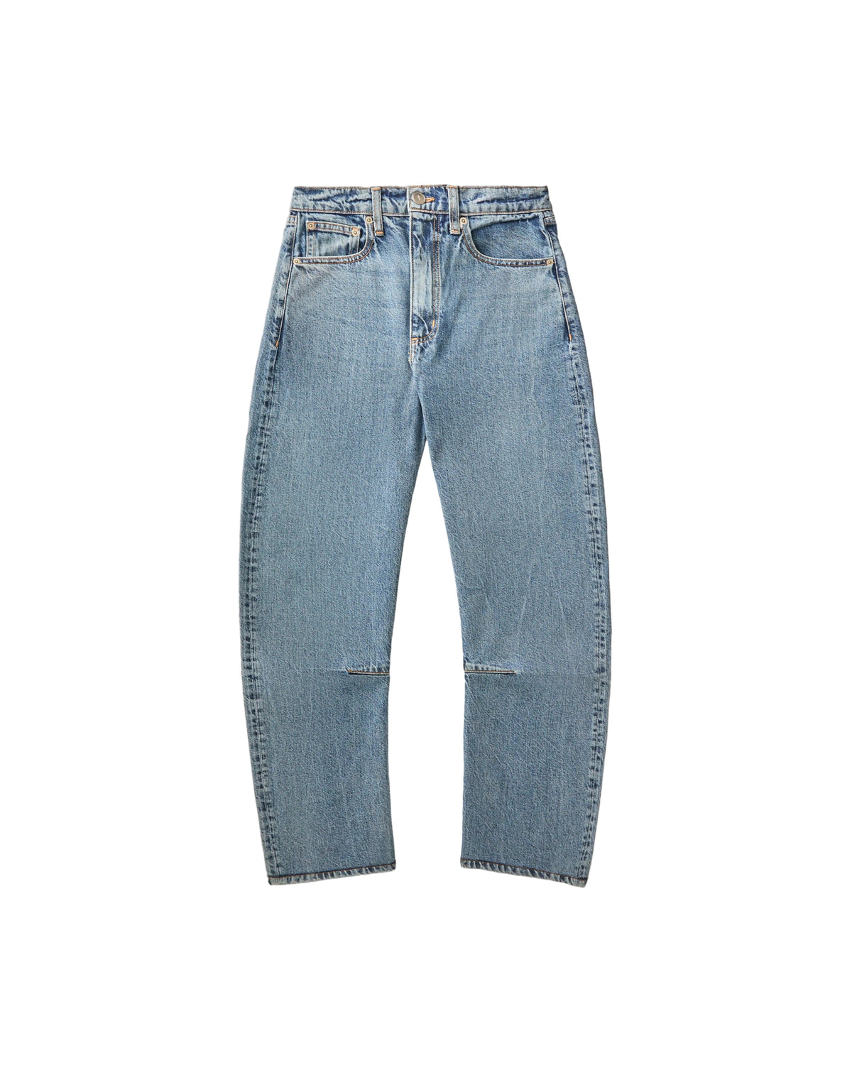 Pair of light blue jeans on a beige background