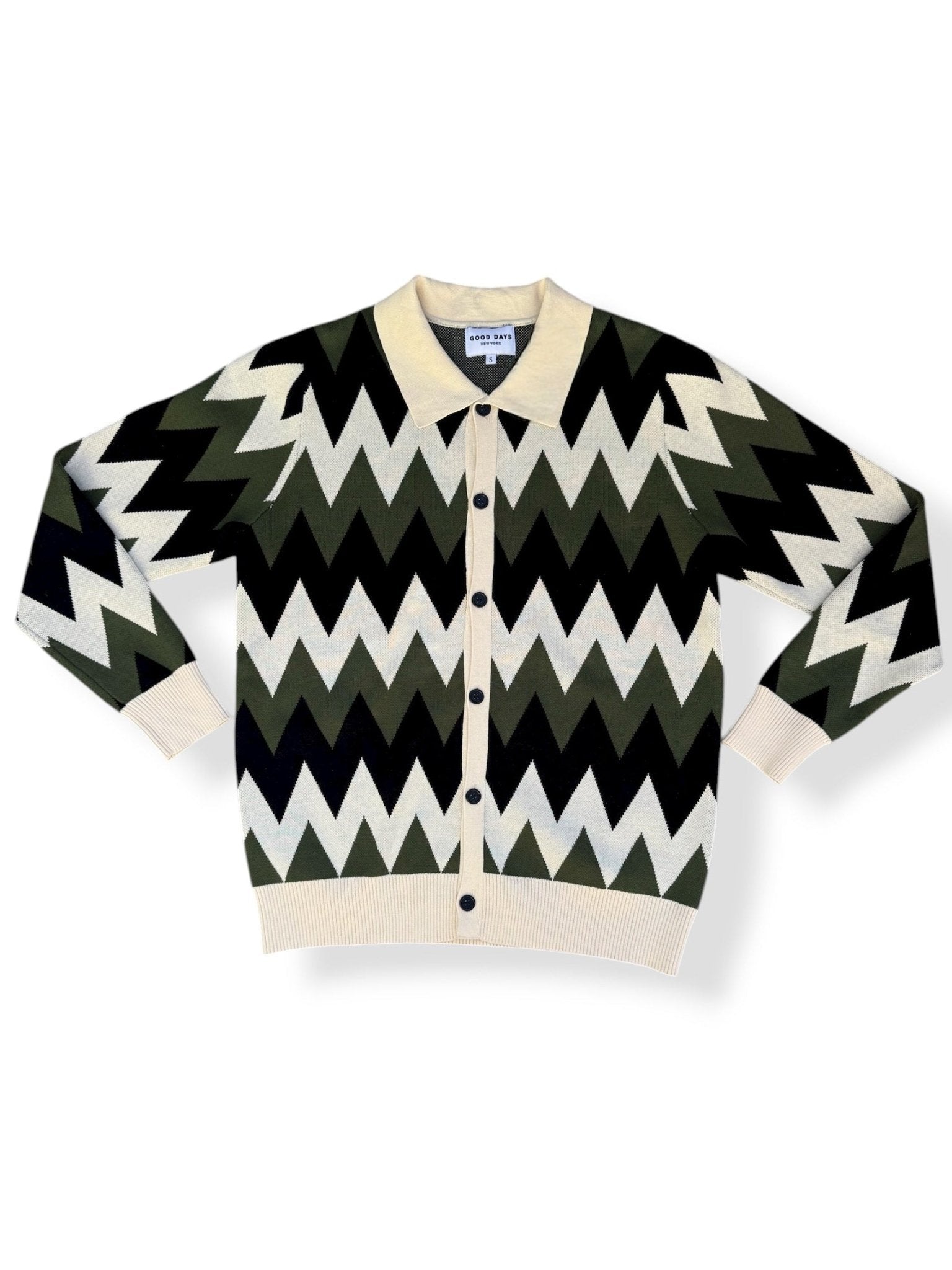 Zig Zag Knit Polo Cardigan - Green/Cream/Black - Paranoid Ranch