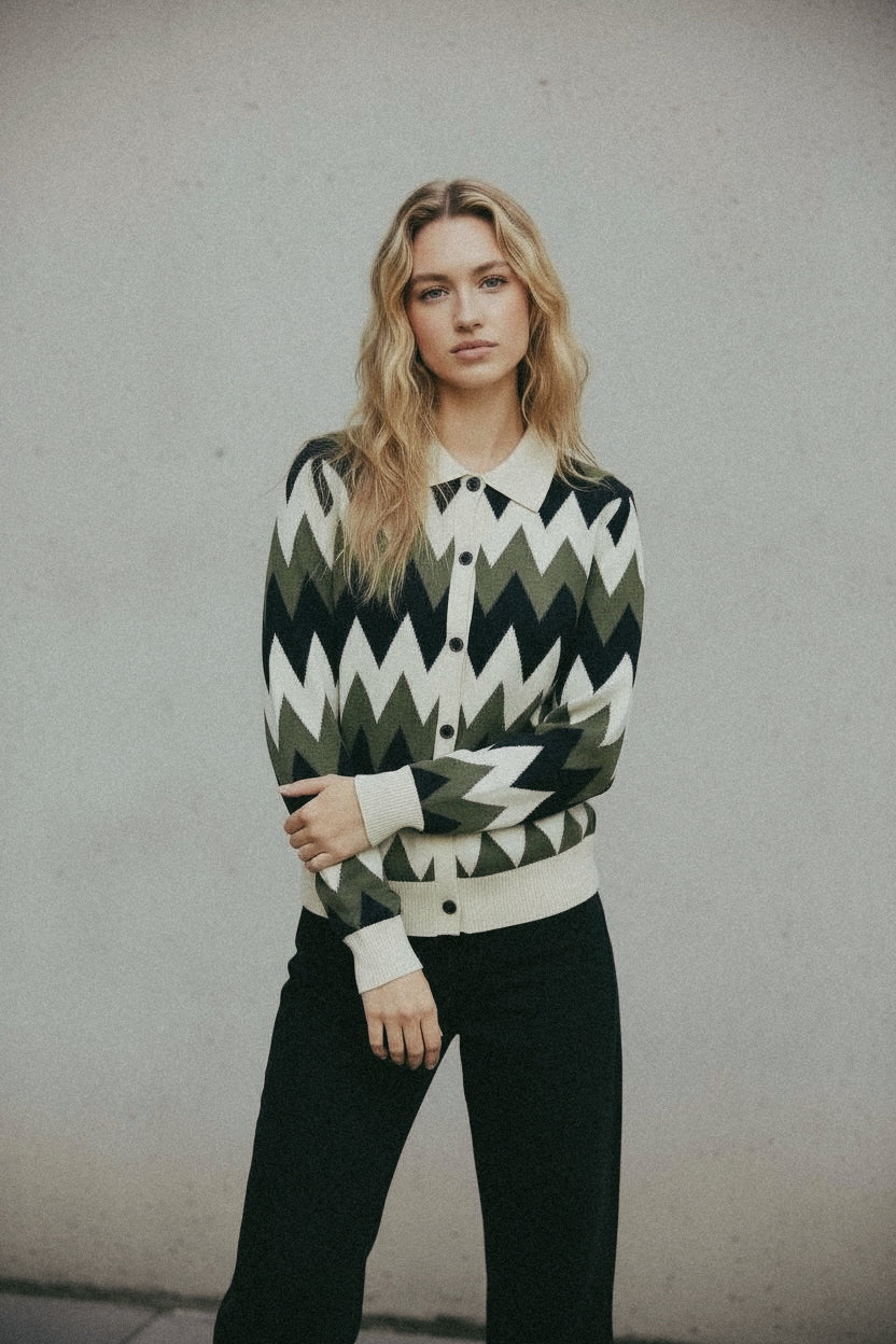 Zig Zag Knit Polo Cardigan - Green/Cream/Black - Paranoid Ranch