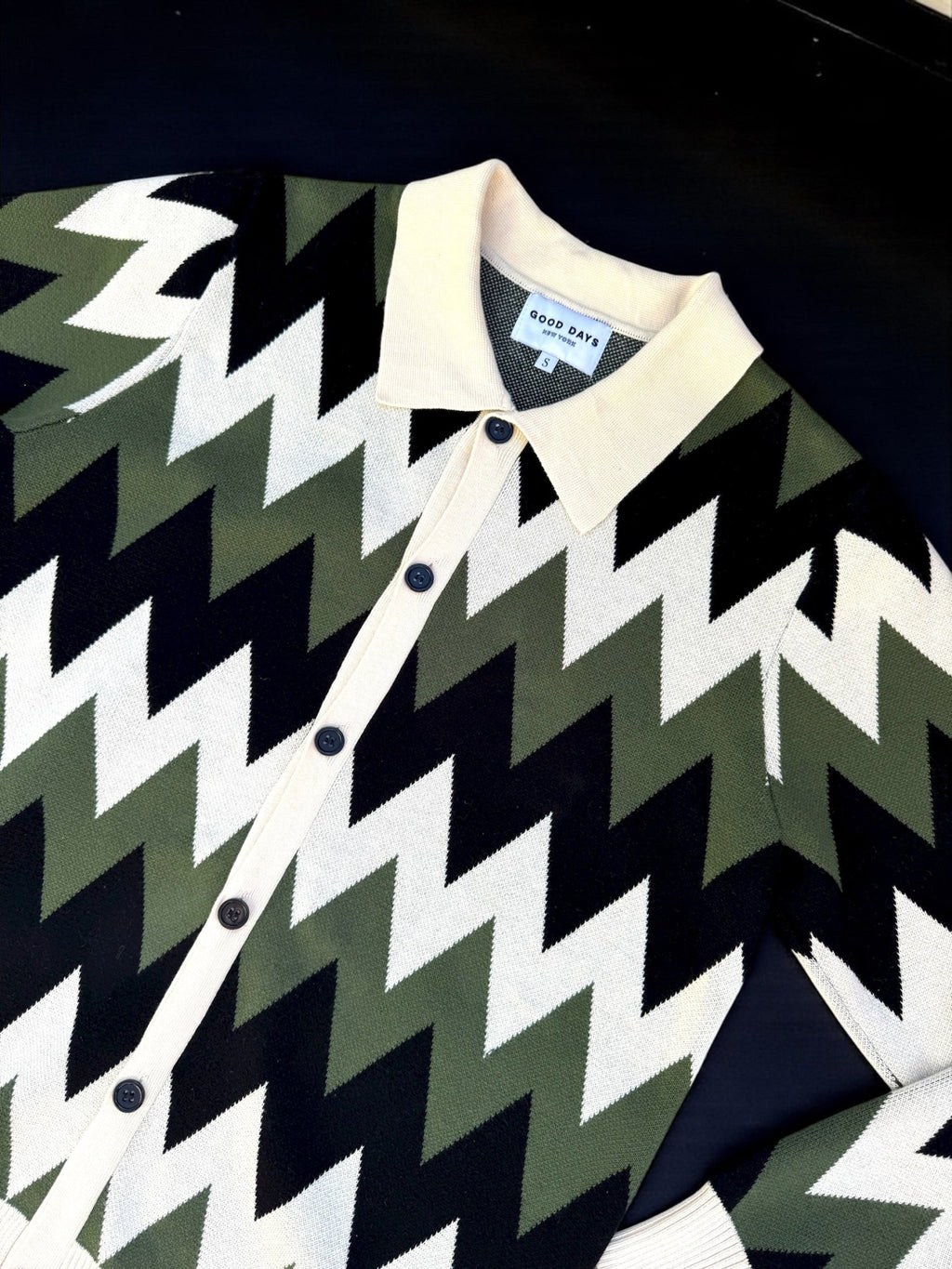 Zig Zag Knit Polo Cardigan - Green/Cream/Black - Paranoid Ranch