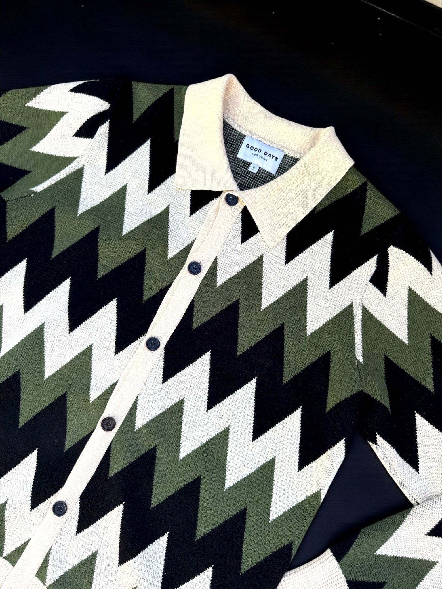 Zig Zag Knit Polo Cardigan - Green/Cream/Black - Paranoid Ranch