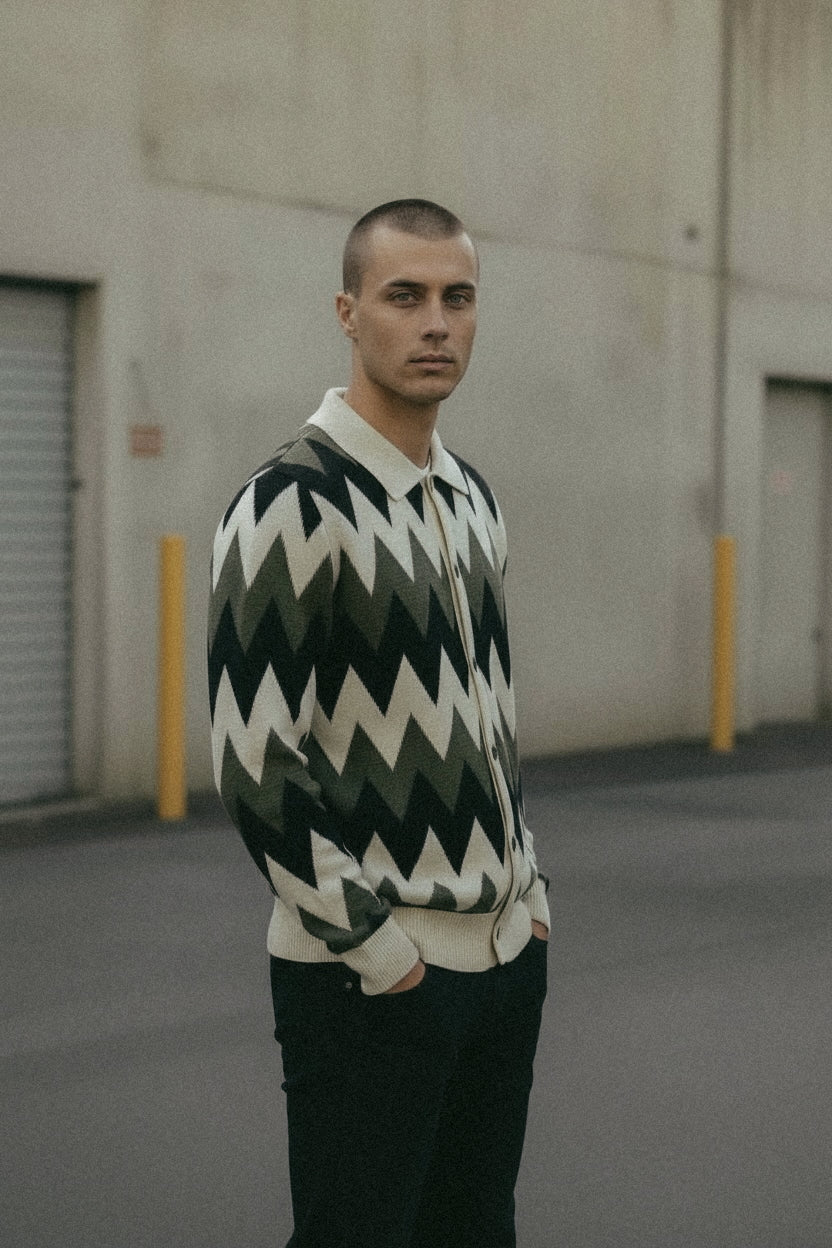 Zig Zag Knit Polo Cardigan - Green/Cream/Black - Paranoid Ranch