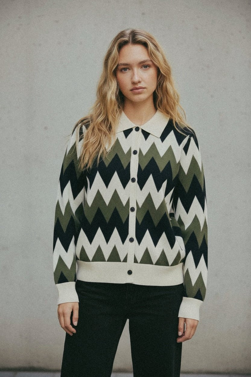 Zig Zag Knit Polo Cardigan - Green/Cream/Black - Paranoid Ranch