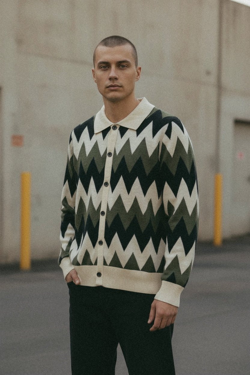 Zig Zag Knit Polo Cardigan - Green/Cream/Black - Paranoid Ranch