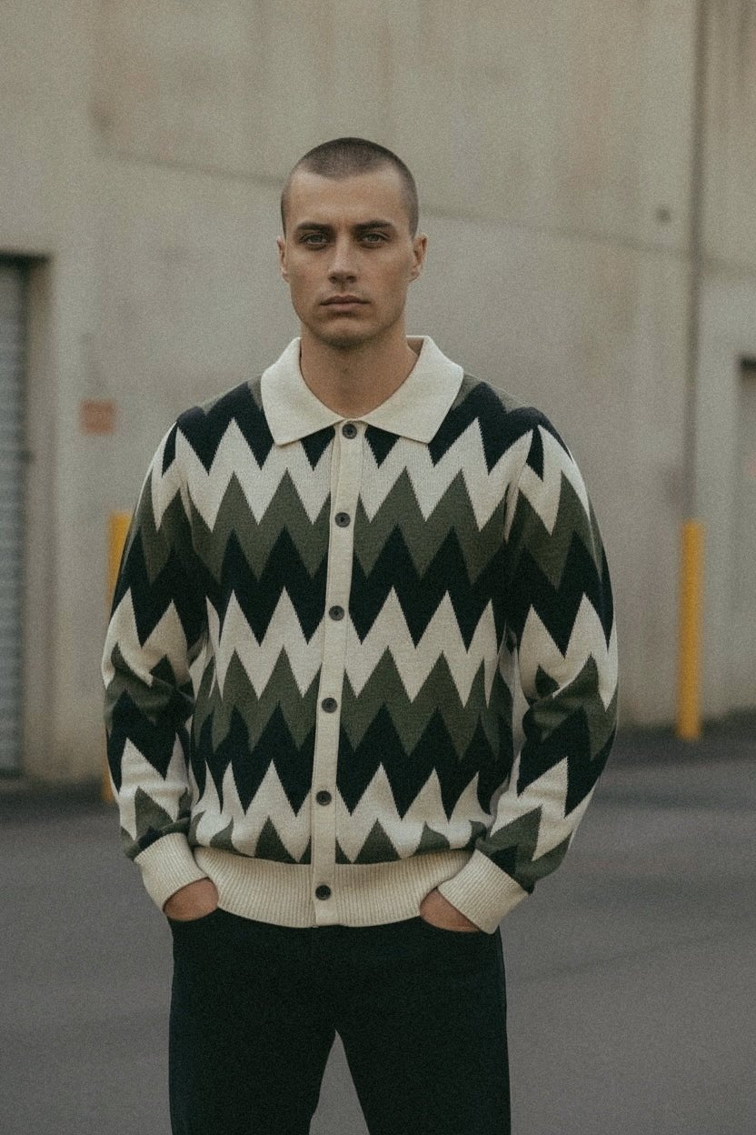 Zig Zag Knit Polo Cardigan - Green/Cream/Black - Paranoid Ranch